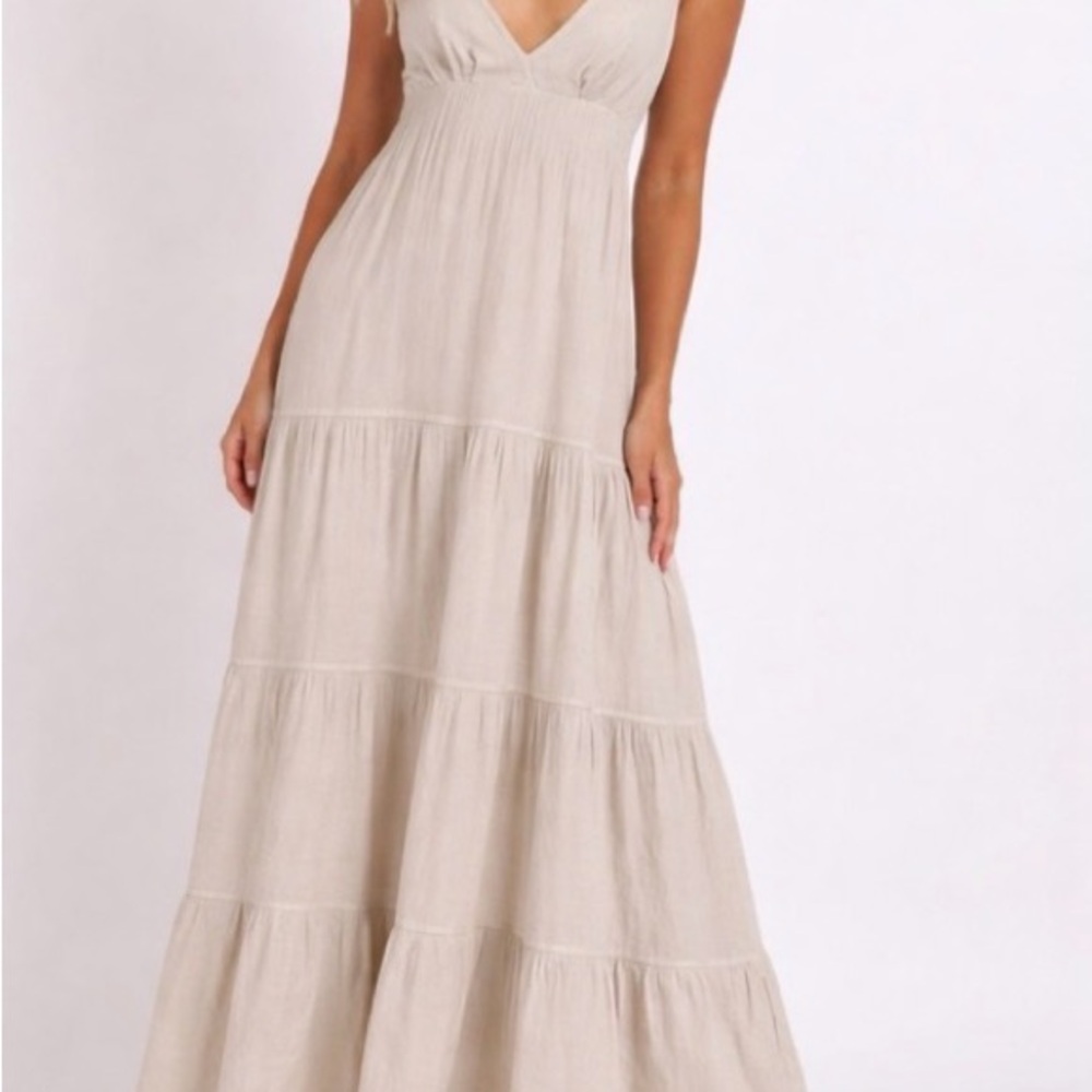 Seaspice Samantha Maxi Dress Beige Cotton Tiered Smocked Back Resort large NWT